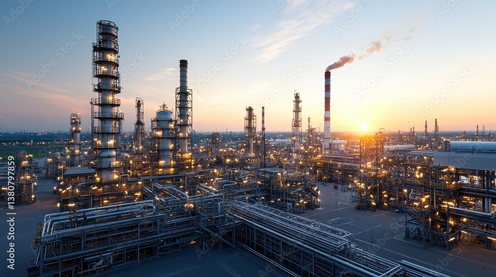 Illuminated petrochemical refinery complex at dusk featuring towering smokestacks storage tanks and a network of pipelines reflecting on the water s surface Illuminated petrochemical refinery complex at dusk featuring towering smokestacks storage tanks and a network of pipelines reflecting on the water s surface