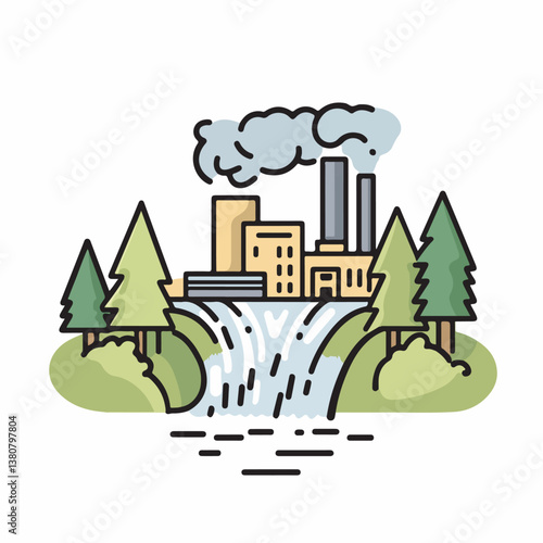 Factory emits pollution near waterfall in stylized landscape design