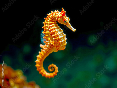 Obraz na płótnie A small yellow sea horse is swimming in the ocean. The image has a calm and peaceful mood, as the sea horse is the only object in the scene w salonie