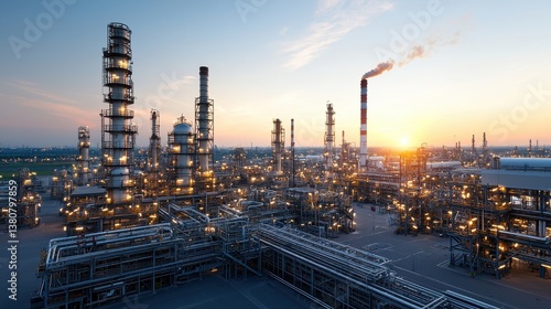 Wallpaper Mural Illuminated petrochemical refinery complex at dusk featuring towering smokestacks storage tanks and a network of pipelines reflecting on the water s surface Torontodigital.ca