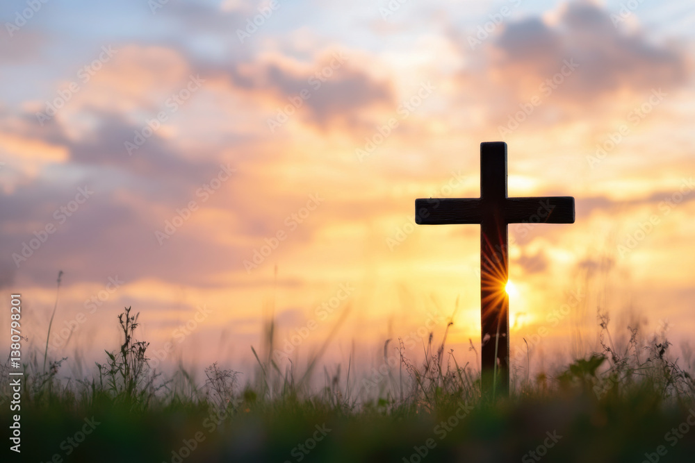 Happy Easter Background with a Cross and Sunrise Scene Happy Easter Background with a Cross and Sunrise Scene
