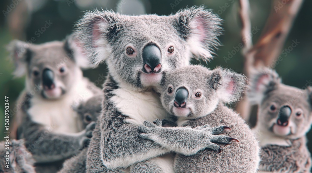 Fototapeta premium Mother Koala Cradling Her Joey in a Eucalyptus Forest