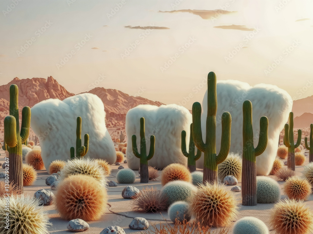 A desert scene with a large white cactus in the foreground and a bunch of other cacti in the background