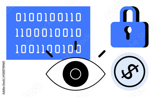 Binary code, eye, padlock, and dollar symbol highlighting data security, surveillance, and financial safety. Ideal for cybersecurity, encryption, privacy finance surveillance technology