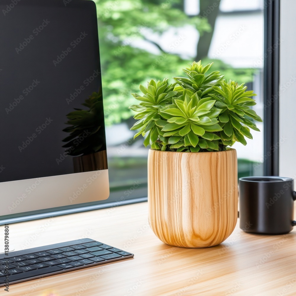 Fototapeta premium Wooden planter with succulent plant on a desk next to a computer and coffee mug. Natural light.