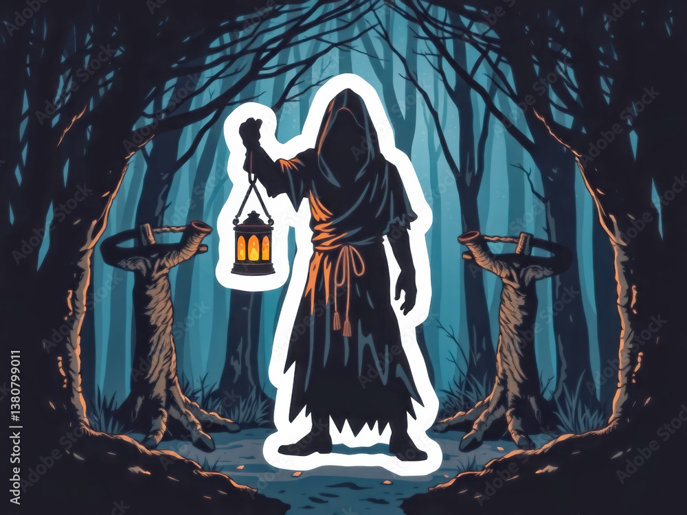 A man in a hooded cloak holding a lantern in a dark forest. Scene is eerie and mysterious