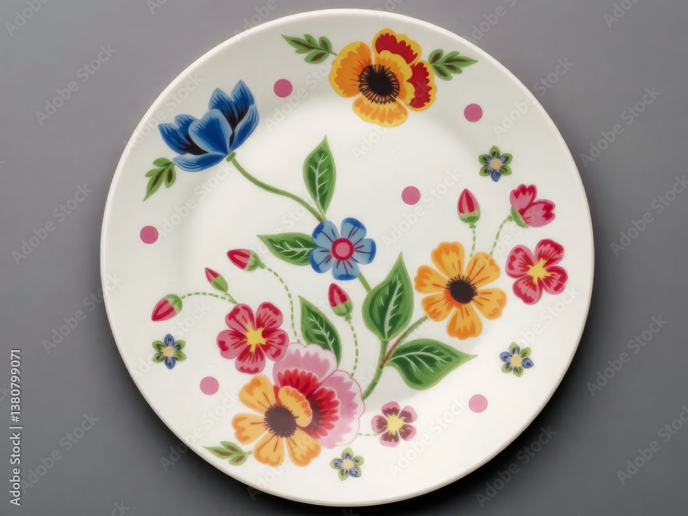 A colorful plate with flowers on it. The plate is white and has a blue flower on it