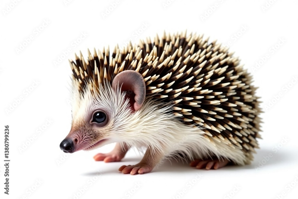 Naklejka premium A tiny hedgehog, curled in a ball, isolated on pure white background , mammal, fauna, hedgehog