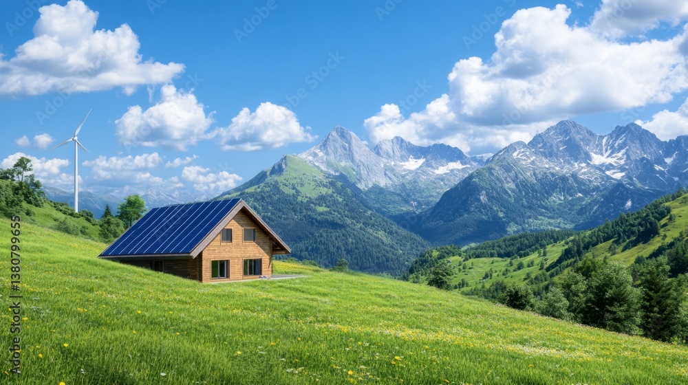 Sustainable wooden house with solar panels on a grassy mountainside, near a wind turbine, under a sunny sky. Sustainable wooden house with solar panels on a grassy mountainside, near a wind turbine, under a sunny sky.