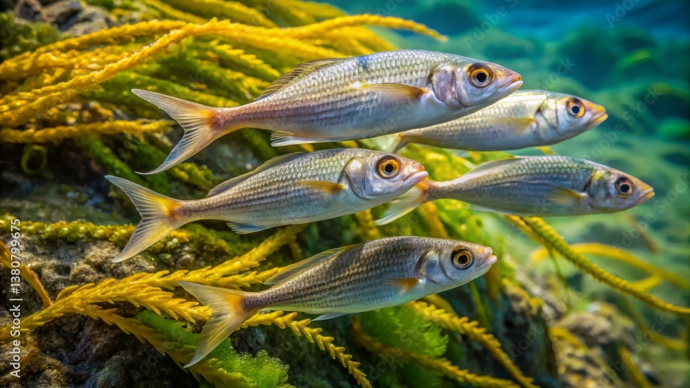 Underwater Scene with School of Silver Fish Swimming Among Algae Underwater Scene with School of Silver Fish Swimming Among Algae