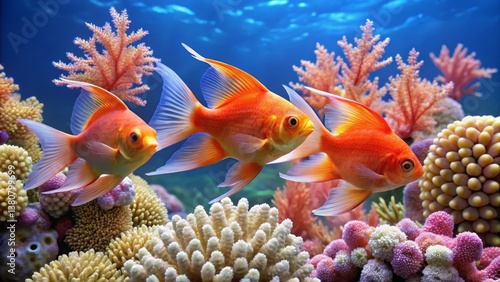 Vibrant Goldfish Swimming Among Colorful Coral in Underwater Scene