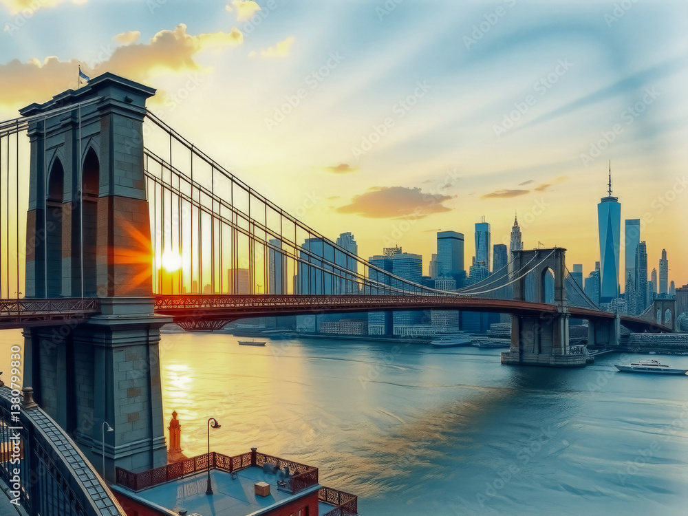 The bridge is a beautiful sight with the sun shining on it. The city skyline is in the background, and the water is calm