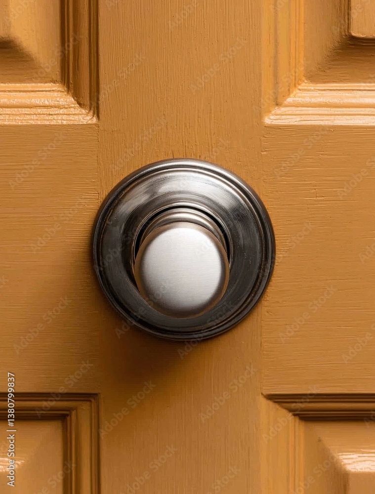 Fototapeta premium Close-Up of a Modern Round Knob on an Orange Rustic Door