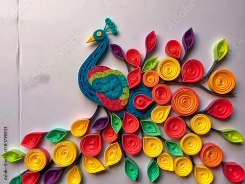 Obraz na płótnie A colorful peacock made of paper is the main focus of the image. The peacock is surrounded by a variety of colorful paper leaves, creating a vibrant and lively scene. The use of different colors w salonie