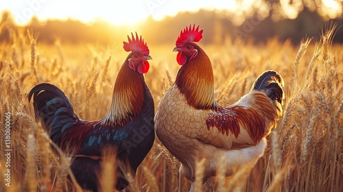 Roosters Standing in Golden Wheat Field at Sunset