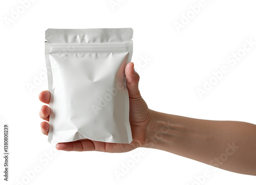 Hand holding blank white foil pouch packaging for food or product mockup design