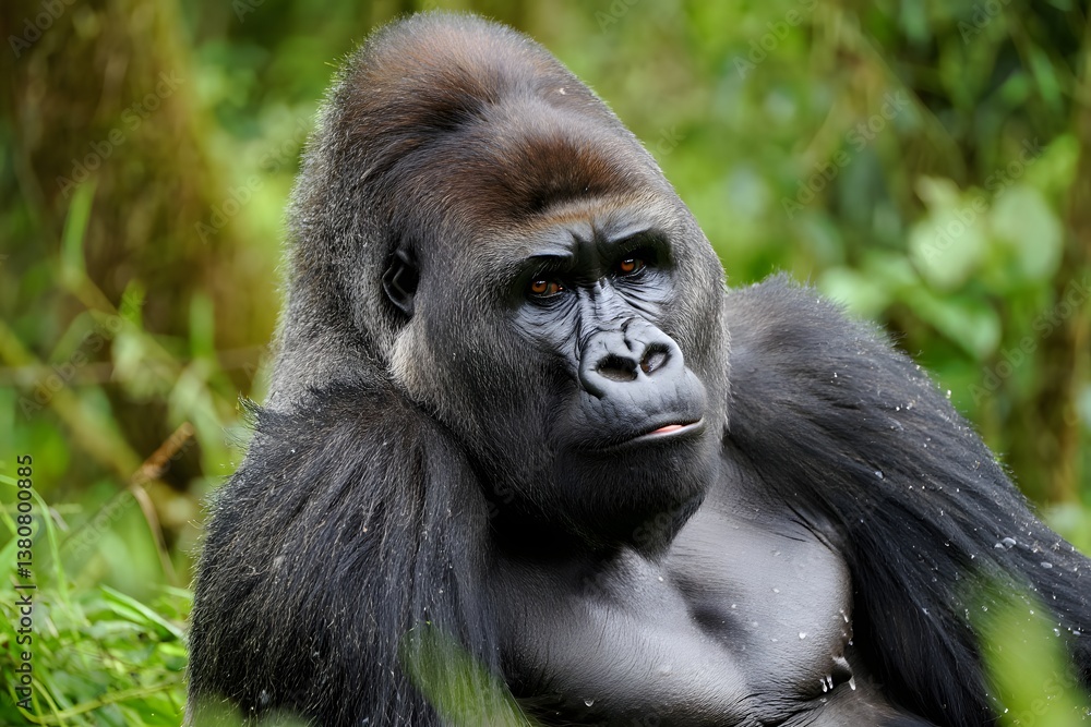 Obraz premium A close-up of a gorilla surrounded by green foliage. The gorilla has detailed facial features and dark fur, resting in a natural and calm pose in its lush habitat.