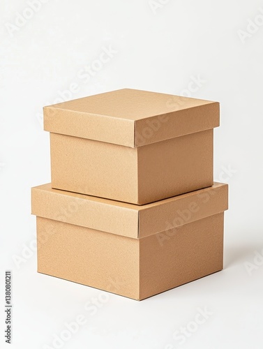 Two square, light brown cardboard boxes stacked on top of each other against a white background. The boxes appear to be empty.