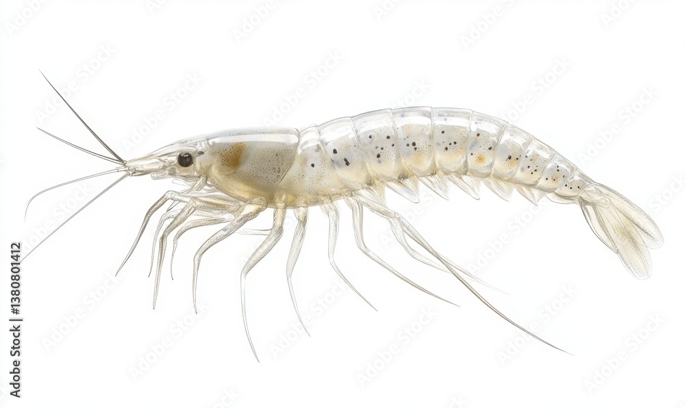 Translucent shrimp isolated on white, ideal for science or seafood visuals Translucent shrimp isolated on white, ideal for science or seafood visuals