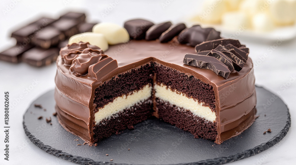 Sliced Chocolate Layer Cake with Elegant Multichocolate Design Sliced Chocolate Layer Cake with Elegant Multichocolate Design
