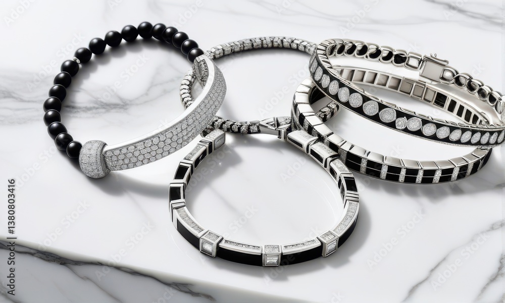 Elegant Bracelets on Marble Surface Close up of Diamond and Beaded Designs Elegant Bracelets on Marble Surface Close up of Diamond and Beaded Designs