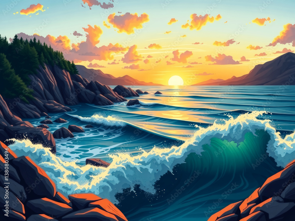 A beautiful painting of a beach with a large wave crashing into the shore. The sky is orange and pink, creating a warm and peaceful atmosphere. The water is calm