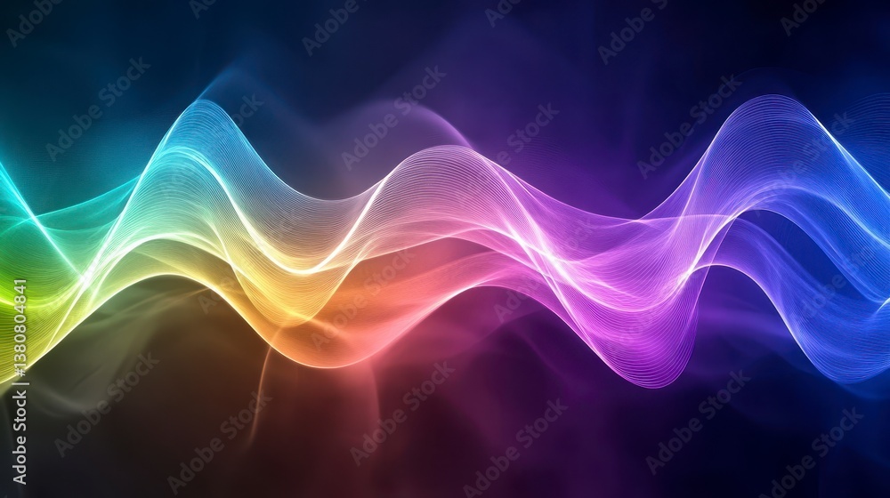 Fototapeta premium Abstract rainbow wave background. Glowing particles forming a dynamic, colorful wave pattern on a dark background. Perfect for digital art, technology or music themes.