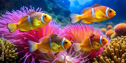 Vibrant Coral Reef Scene with Colorful Fish Swimming Together