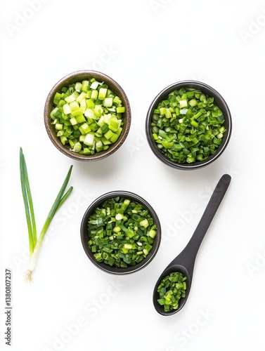 Chopped green onions in small dark bowls on white background, one whole green onion and a spoonful of chopped green onions.