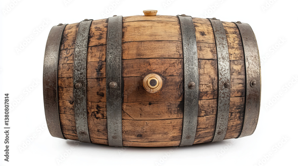 Obraz premium Wooden barrel with iron rings. Isolated on white background. Vector wood beer barrel eps10