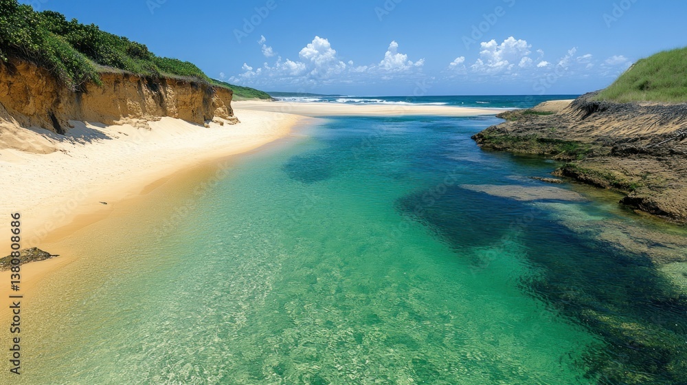Obraz premium Pristine beach cove, crystal-clear water, lush hills, sunny day