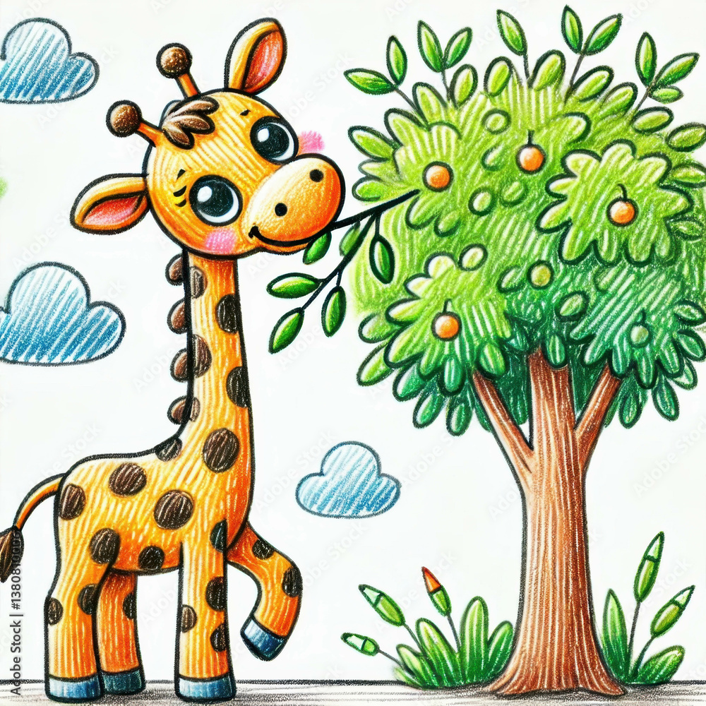 Naklejka premium The playful pencil sketch mimics a child's drawing. A cheerful giraffe with large eyes and brown spots eats leaves from a tree, surrounded by crayons and clouds in a bright crayon-drawn style.