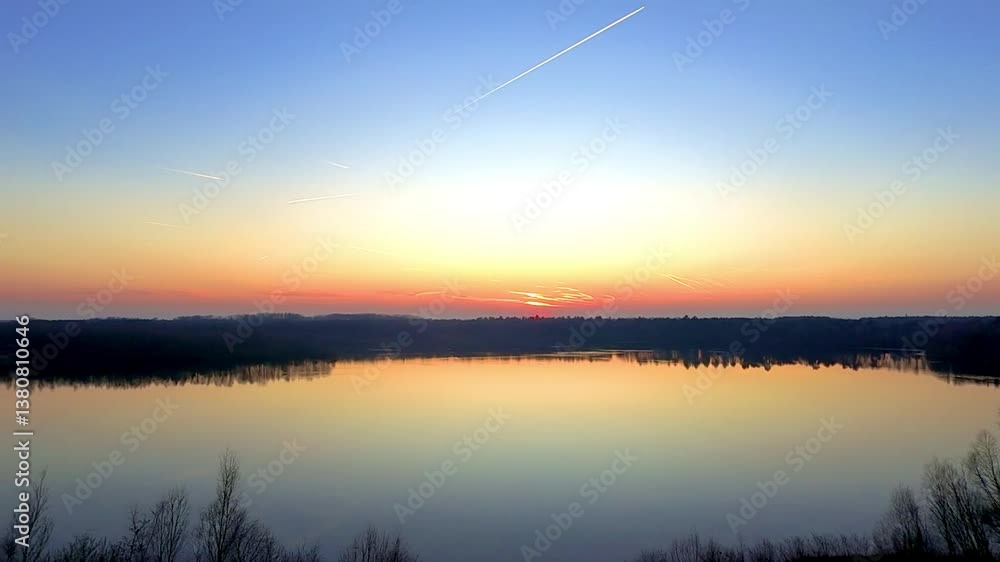 A breathtaking evening view of a peaceful lake at sunset, accented by wind turbines in the distance. A breathtaking evening view of a peaceful lake at sunset, accented by wind turbines in the distance.