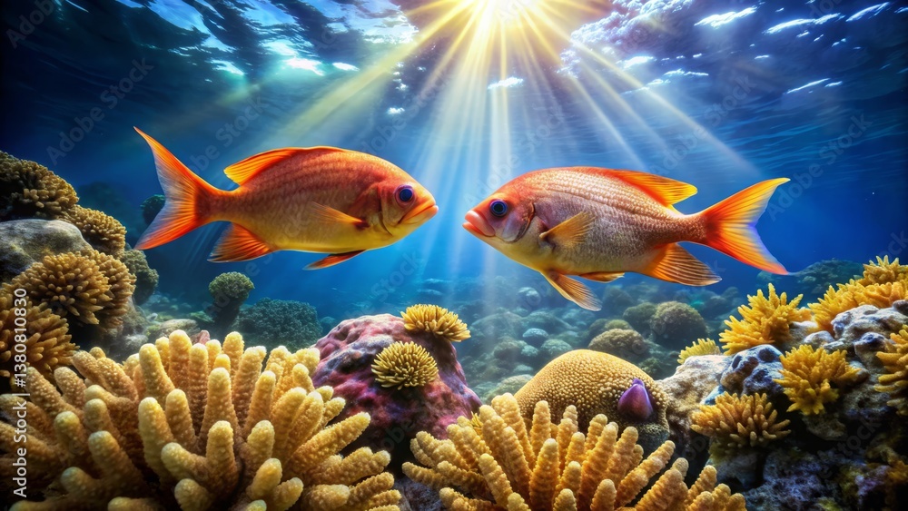 Obraz premium Vibrant Underwater Scene with Colorful Fish and Coral Reefs