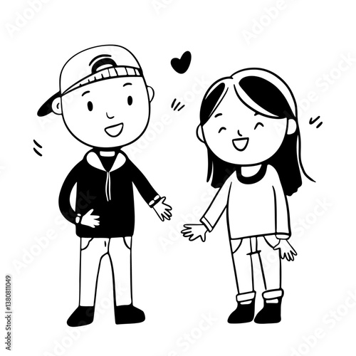 Two very close friends. Friendship in jung age between girl and boy. Outline sketch style 