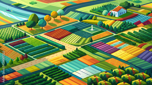 Aerial view of crop rotation fields, a patchwork of different crops in vibrant colors, showcasing sustainable farming practices