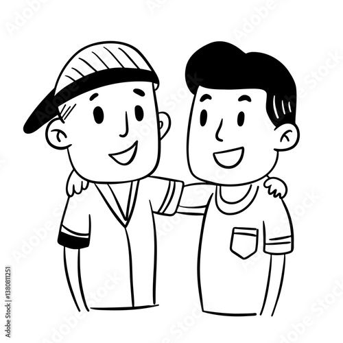 Two very close friends. Friendship in jung age between boys. Outline sketch style 