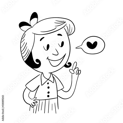 Very happy girl talking about love. Outline sketch style 