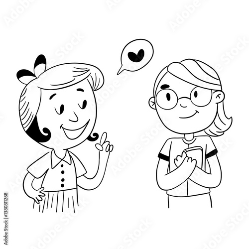 Two very close friends. Friendship in jung age between girls. Outline sketch style 