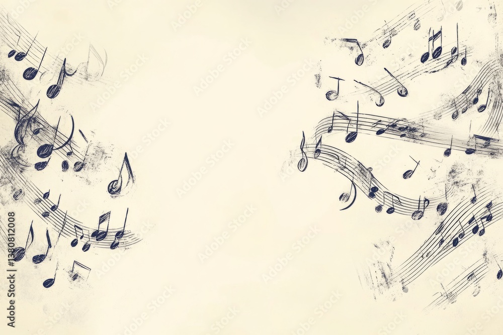 Musical notes and staves create a harmonious design on a vintage background, representing the beauty and rhythm of music Musical notes and staves create a harmonious design on a vintage background, representing the beauty and rhythm of music