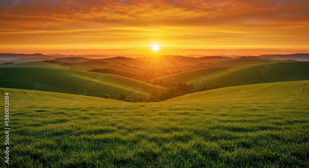Fototapeta premium A sunrise over rolling green hills, symbolizing renewal and rebirth