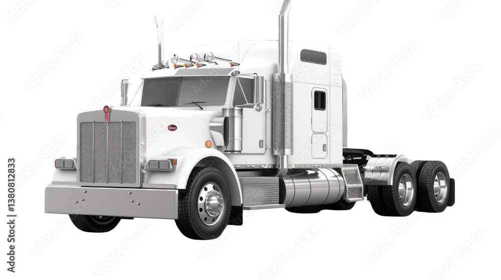 Fototapeta premium White Truck on the Road: A pristine, modern truck, captured in a high-angle shot, showcases its robust design against a backdrop suggesting movement and travel.