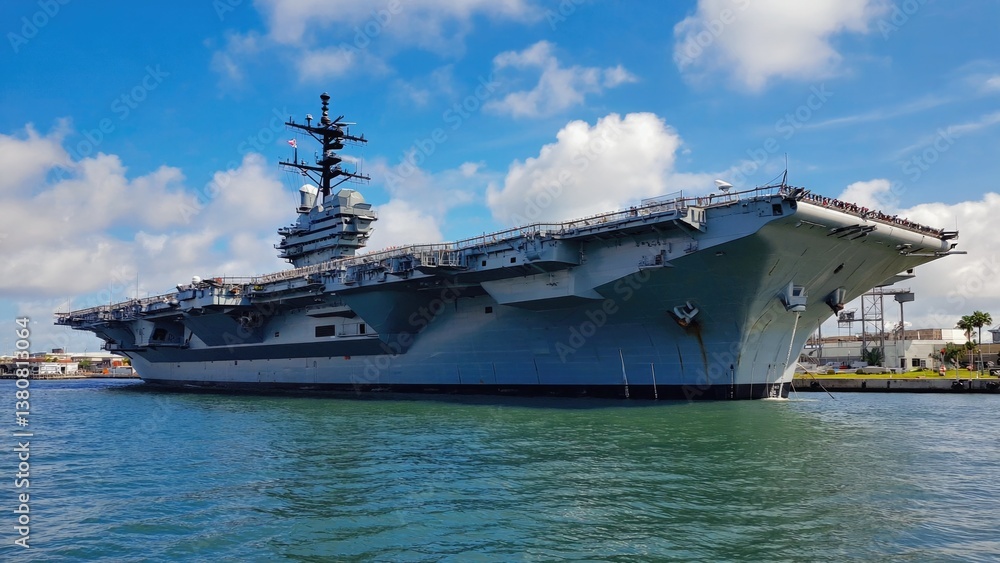 Aircraft carrier docked in the water, ready for maintenance or refueling Aircraft carrier docked in the water, ready for maintenance or refueling