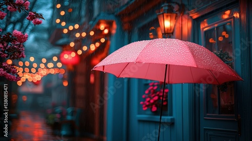 Wallpaper Mural Rainy Night in a Charming Alleyway: Pink Umbrella, Lights, and Blossoms Torontodigital.ca