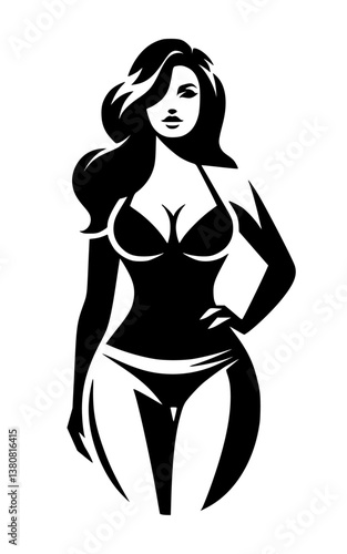 A black and white vector illustration of a stylish woman wearing a swimsuit.
