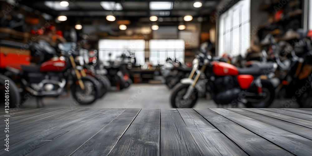 Obraz premium foreground Empty grey wood table top with motorcycle service centre motorcycles repair workshop blurred background, hight quality