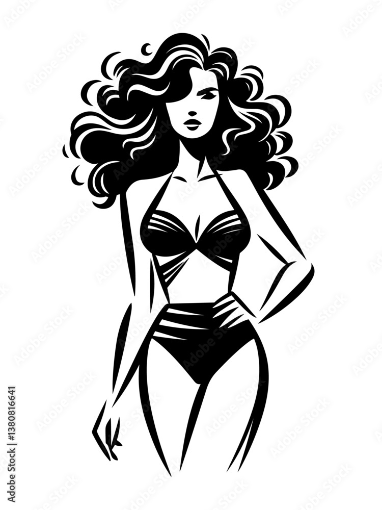 A black and white vector illustration of a stylish woman wearing a swimsuit. A black and white vector illustration of a stylish woman wearing a swimsuit.