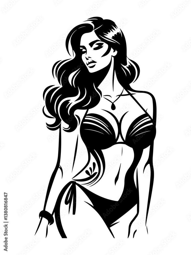 Elegant glamorous woman in bikini - black and white vector illustration. Elegant glamorous woman in bikini - black and white vector illustration.