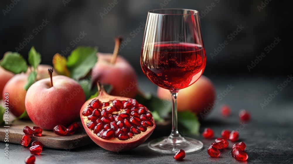 Red wine glass with apples and pomegranate. Red wine glass with apples and pomegranate.