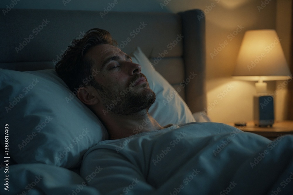 Man Sleeping Peacefully in Bed at Night: Achieving Rest and Recovery for a Healthy Lifestyle and Well-being Man Sleeping Peacefully in Bed at Night: Achieving Rest and Recovery for a Healthy Lifestyle and Well-being
